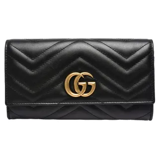 【GUCCI 古馳】GG Marmont絎縫紋牛皮金屬雙G LOGO長夾(黑443436-DRW1T-1000)
