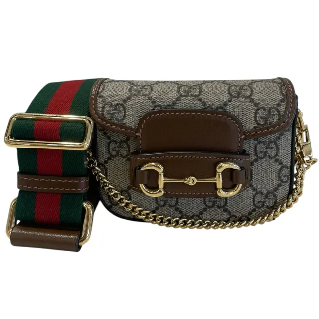 【GUCCI 古馳】Horsebit 1955系列PVC肩背斜背兩用包 迷你(咖啡色)