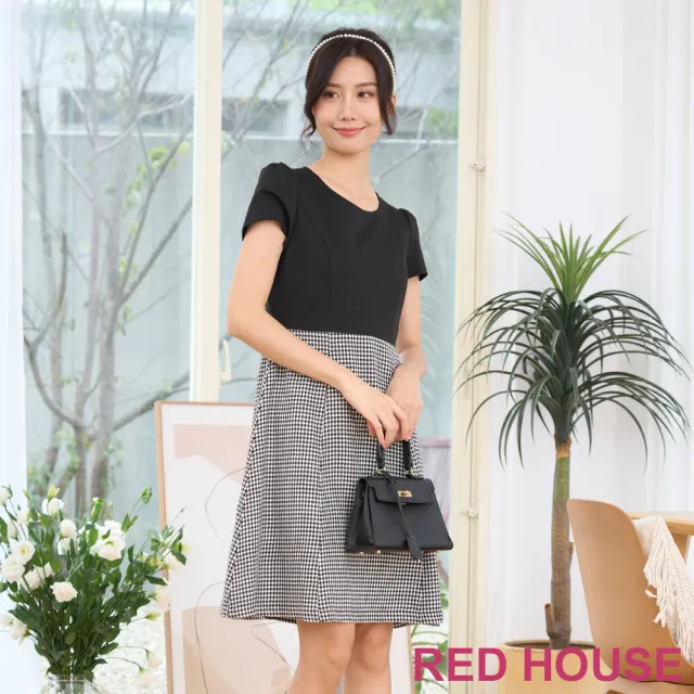 【RED HOUSE 蕾赫斯】質感千鳥格拼接洋裝(黑色)
