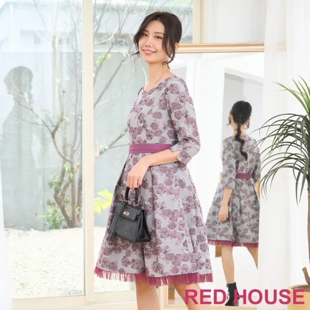 【RED HOUSE 蕾赫斯】典雅花朵網紗裙襬緹花洋裝(紫色)