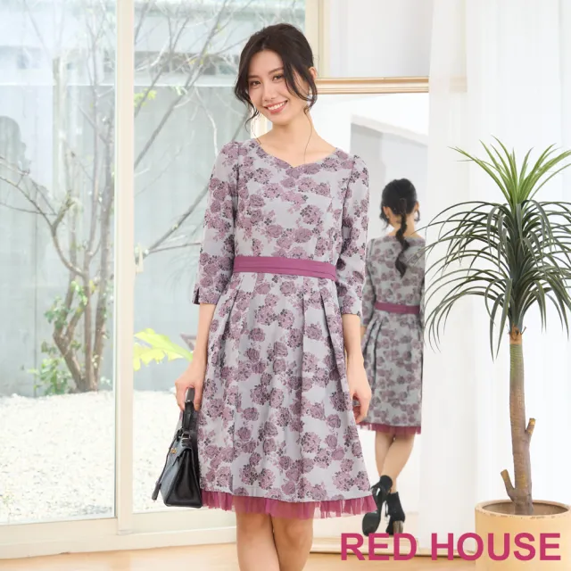 【RED HOUSE 蕾赫斯】典雅花朵網紗裙襬緹花洋裝(紫色)