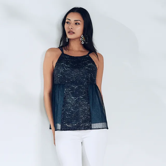 【ICHE 衣哲】Cop.Copine 法國原裝進口深藍蕾絲拼紗性感背心上衣