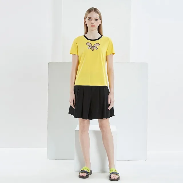 【ICHE 衣哲】Cop.Copine 法國原裝進口黃色鏤空圖騰圓領上衣