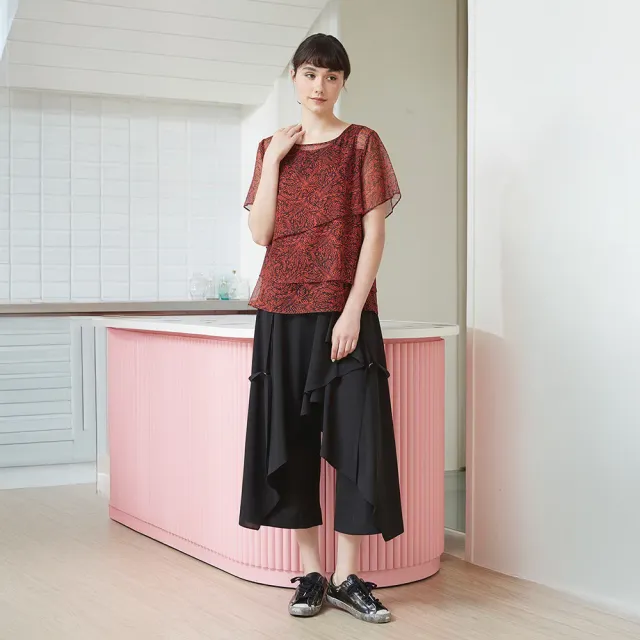 【ICHE 衣哲】Cop.Copine 法國原裝進口紅黑印花雪紡層疊上衣