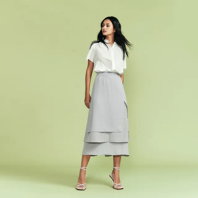 【ICHE 衣哲】Cop.Copine 法國原裝進口條紋拼接層次中長裙