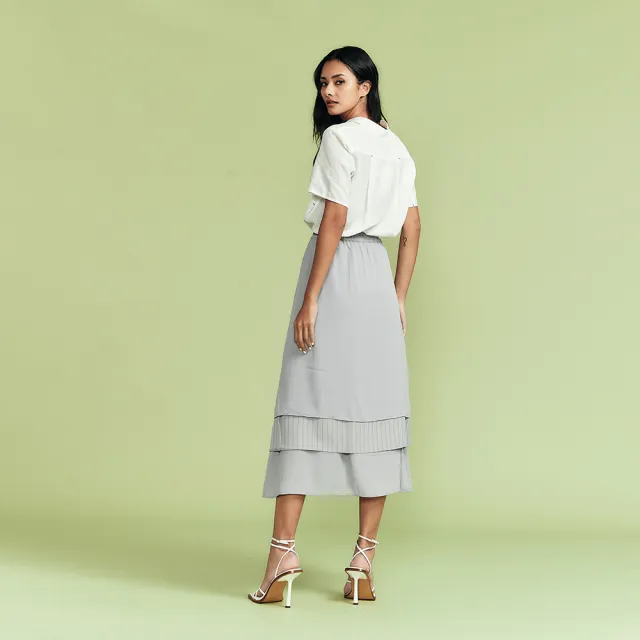 【ICHE 衣哲】Cop.Copine 法國原裝進口條紋拼接層次中長裙