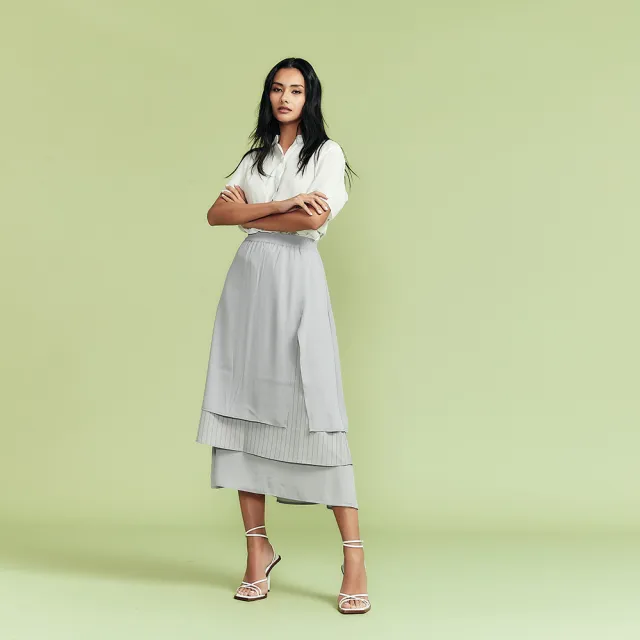 【ICHE 衣哲】Cop.Copine 法國原裝進口條紋拼接層次中長裙