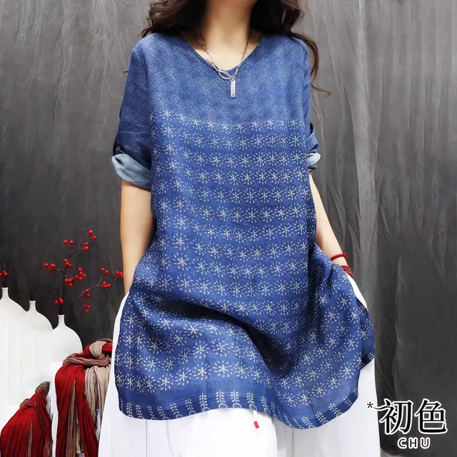 【初色】棉麻風輕薄印花圓領短袖中大碼T恤上衣女上衣-藍色-12676(M-2XL可選)