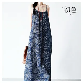 【初色】民族度假風印花細肩吊帶背心裙連身裙長裙連衣洋裝-藍色-11759(M-2XL可選)