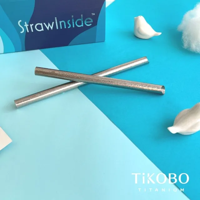 【TiKOBO 鈦工坊】專利雙切口 純鈦吸管 8+12mm 粗+細套組  19.8cm(贈收納袋&吸管刷&矽膠吸管套)