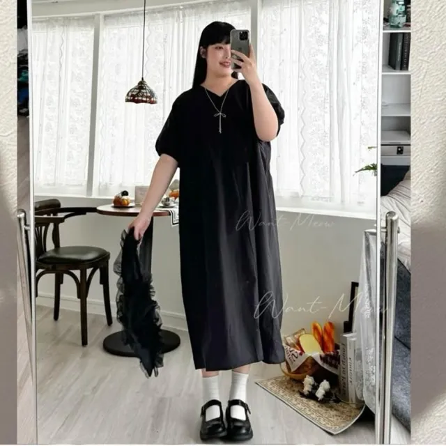 【Want-Meow】100公斤可穿/韓系V領短袖蓬蓬袖寬鬆洋裝(大碼/大尺碼/加大碼/洋裝)