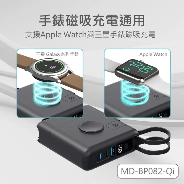 【MINIQ】MD-BP082-Qi 充電器+行動電源二合一 30W快充 10000mAh(手機/蘋果三星手錶無線充/附萬國轉接頭)