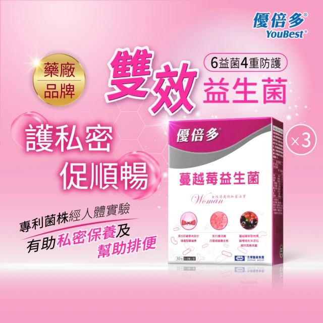 【杏輝醫藥】優倍多YouBest 蔓越莓益生菌 3入組(共90包-順暢益生菌.保證35億活菌.菸鹼素)