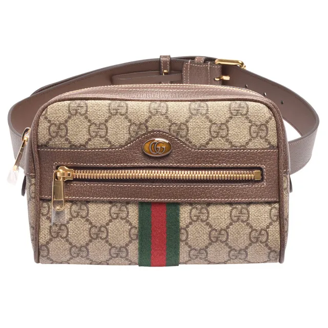 【GUCCI 古馳】Ophidia系列GG Supreme帆布印花綠紅綠織帶皮革飾邊拉鍊手拿/腰包(棕-517076-96I3B-8745)