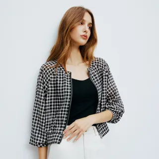 【MOMA】簡約 M+ 黑白棋盤格雪紡泡泡袖微短版外套(黑底花布)