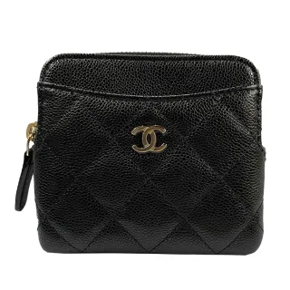 【CHANEL 香奈兒】AP2061經典雙C LOGO菱格紋牛皮拉鍊卡夾零錢包/短夾(黑色)