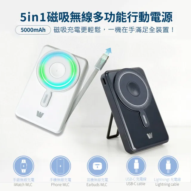 Wephone 5000mAh 22.5W 五合一磁吸無線多功能行動電源(手機/手錶/耳機/CCC認證)