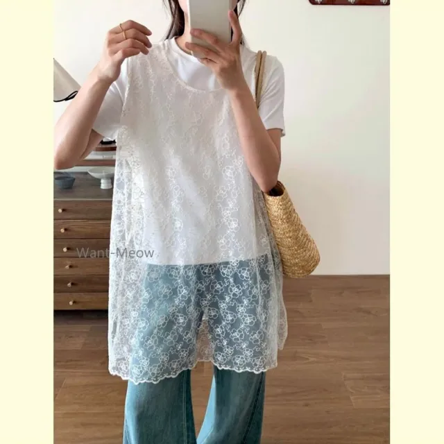 【Want-Meow】90公斤可穿日系寬肩帶雕花中長背心多層次穿搭(大碼上衣/大碼/大尺碼/背心)