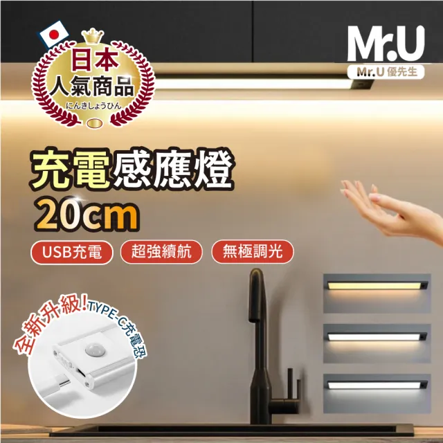 【Mr.U 優先生】Type-C 超薄 人體感應燈 20公分 智能磁吸 感應燈(小夜燈 LED燈 廚房燈 櫥櫃燈 燈條 檯燈)