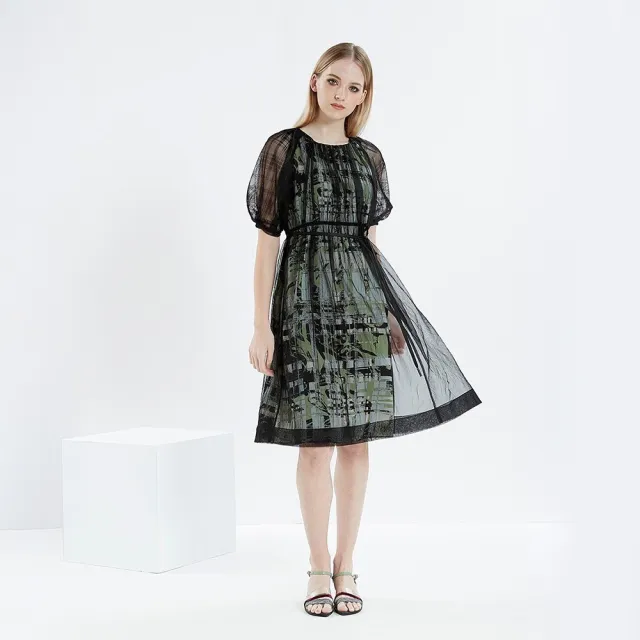 【ICHE 衣哲】Cop.Copine 法國原裝進口黑紗疊層拼接印花洋裝