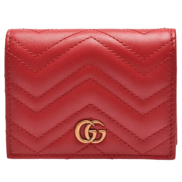 【GUCCI 古馳】GG Marmont matelasse系列絎縫紋牛皮金屬雙G LOGO暗釦卡夾/零錢包(芙蓉紅466492-DRW1T-6433)