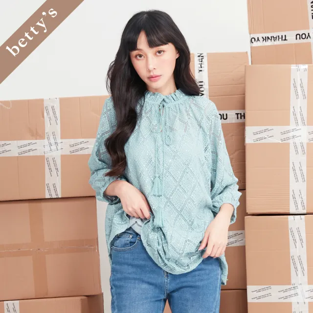 【betty’s 貝蒂思】出清品  菱格紋亮片蕾絲綁帶上衣(淺藍)