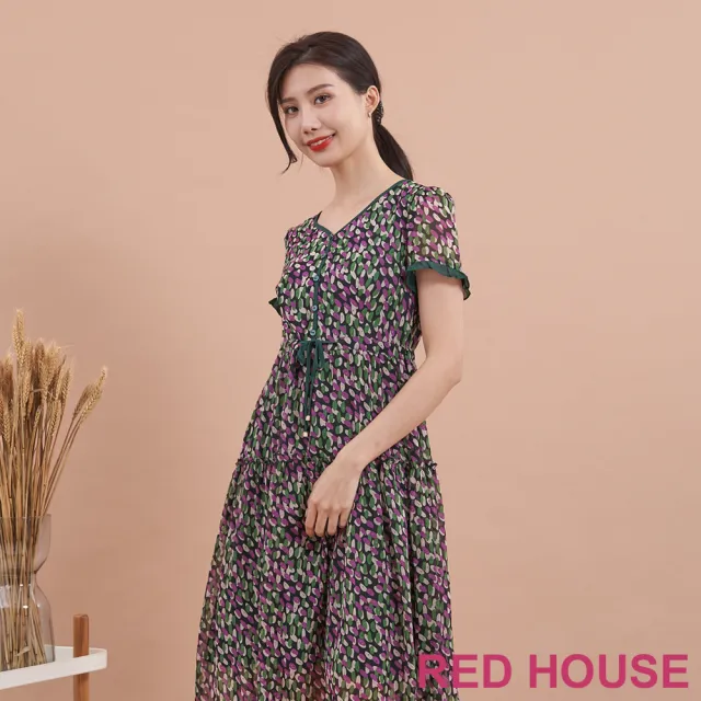 【RED HOUSE 蕾赫斯】普普風幾何印花雪紡洋裝(綠色)
