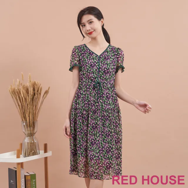 【RED HOUSE 蕾赫斯】普普風幾何印花雪紡洋裝(綠色)