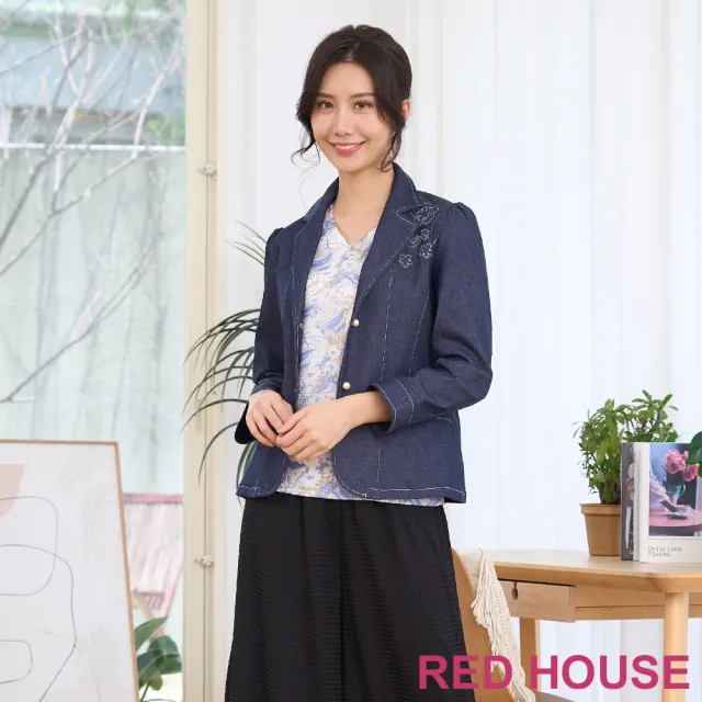 【RED HOUSE 蕾赫斯】花朵點綴牛仔西裝外套(藍色)
