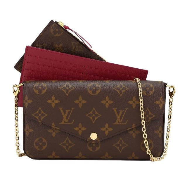 LV LOUIS VUITTON 路易威登 M81896 Felicie Pochette 系列 Monogram 帆布 WOC 鍊帶手拿包/斜揹包，採用經典咖啡色系與紅色系設計，外層為牛皮與帆布拼接，內層為布面材質。配備原廠防塵套、原廠包裝盒、拉鍊小錢包與鈔票夾，鍊帶全長約112cm，適合女性日常使用，無外部夾層與底珠，僅有1個內袋，不適合放A4檔案。