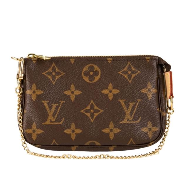 全新 LOUIS VUITTON 路易威登 M58009 經典 MONOGRAM 小手拿包，採用高質感牛皮與帆布製成，咖啡色系設計優雅時尚。配有原廠防塵套，尺寸為長15cm、寬3.5cm、高10cm，提把高度29cm，適合女性日常使用，拉鍊式開口方便取用，內層為布面，無內部與外部夾層，無底珠，不適合放入A4檔案。來自歐洲原廠，品質保證。