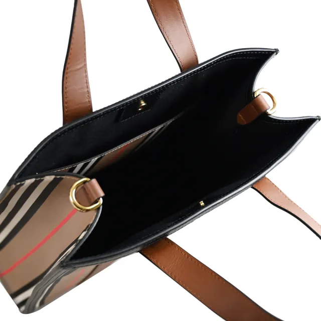 【BURBERRY 巴寶莉】英系經典條紋牛皮拼接手提紙袋造型手提袋兩用包(卡其)