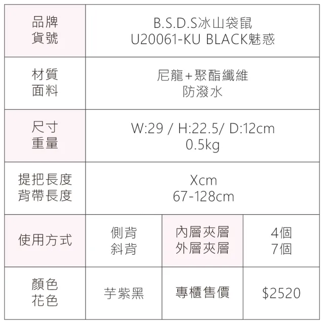 【冰山袋鼠】雙11 BLACK魅惑 - 典雅拼接多層收納斜背包 - 芋紫黑(U20061-KU)