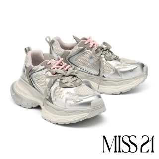 【MISS 21】酷潮街頭感雙色綁帶異材質老爹厚底休閒鞋(銀)
