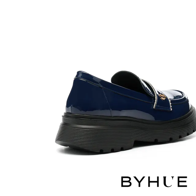 【BYHUE】純欲學院風U字釦寬帶異材質軟芯微Q底樂福厚底鞋(藍)