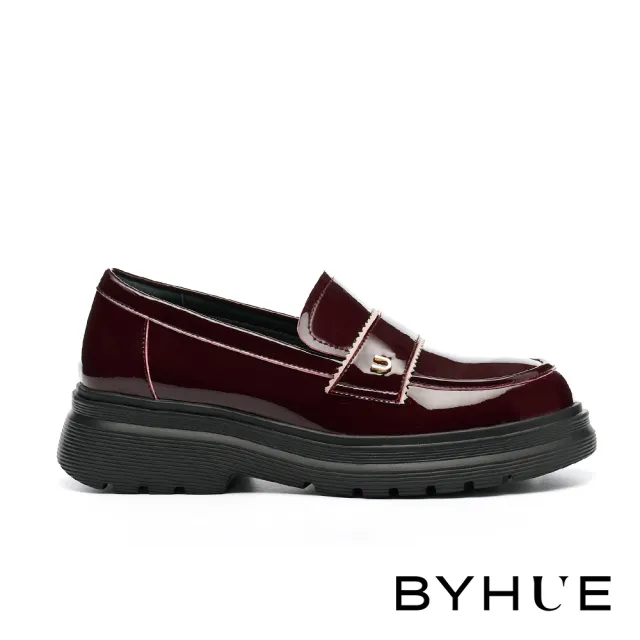【BYHUE】純欲學院風U字釦寬帶異材質軟芯微Q底樂福厚底鞋(紅)