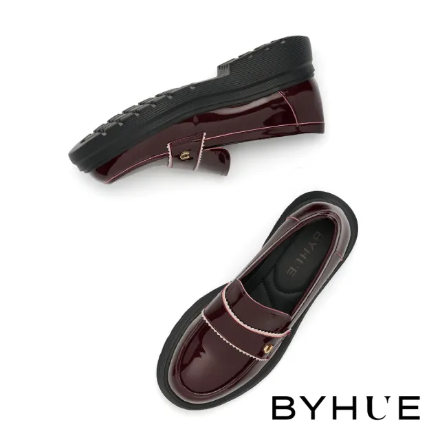 【BYHUE】純欲學院風U字釦寬帶異材質軟芯微Q底樂福厚底鞋(紅)