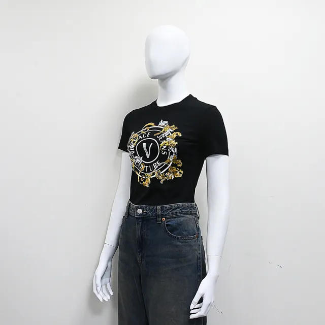【VERSACE 凡賽斯】VERSACE JEANS COUTURE亮片藝術花紋搭圓圈設計棉質混紡修身短袖T恤(女款/黑)