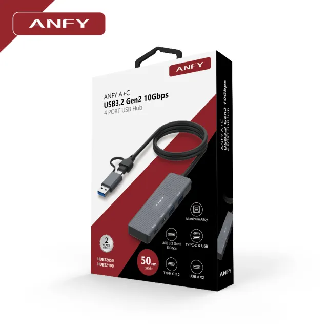 ANFY A+C USB3.2 Gen2 10Gbps 4 PORT USB 集線器 50公分