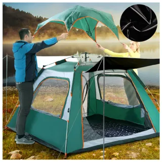 【探險者】出清加大黑膠梯型全自動速開前後廳雙門4-6人六面天窗露營四方帳篷家庭號(防曬遮陽防雨防蚊紗窗)