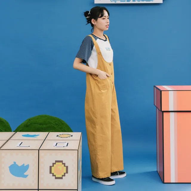 【Dailo】可愛貓貓口袋彈性連身褲(藍 綠 黃)
