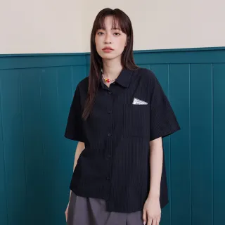 【gozo】復古趣味設計不對稱下擺條紋短袖襯衫(兩色)
