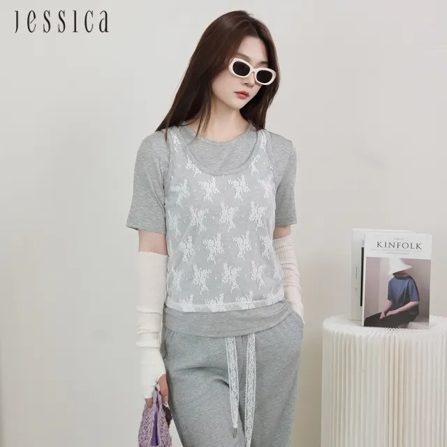 【JESSICA】假兩件套蕾絲背心彈力棉短袖T恤J53601