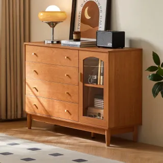 【hoi! 好好生活】林氏木業復古風暖木色 1.2M 四抽單門斗櫃 QA3E