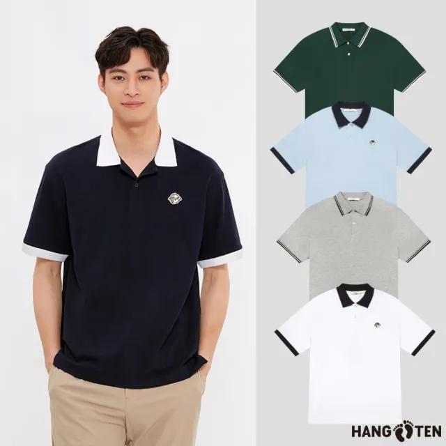 【Hang Ten】買一送一 男裝-織帶短袖/撞色經典熊刺繡短袖POLO衫(2入組)