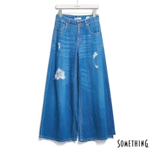 【SOMETHING】女裝 萊賽爾無腰頭超寬褲(石洗藍)