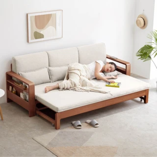 【hoi! 好好生活】預購60天★YW多功能置物架橡木實木仿棉麻三人座布沙發床2.1M 原木色+米白色