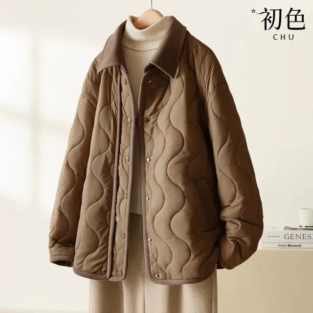 【初色】純色加棉保暖翻領長袖外套女外套-共2色-38967(M-3XL可選/快速出貨)