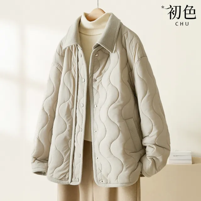 【初色】純色加棉保暖翻領長袖外套女外套-共2色-38967(M-3XL可選/快速出貨)