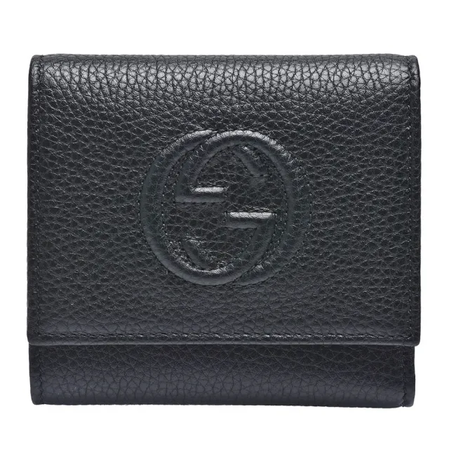 【GUCCI 古馳】經典雙G LOGO荔枝紋牛皮暗釦三折短夾(黑色598207-A7M0G-1000)